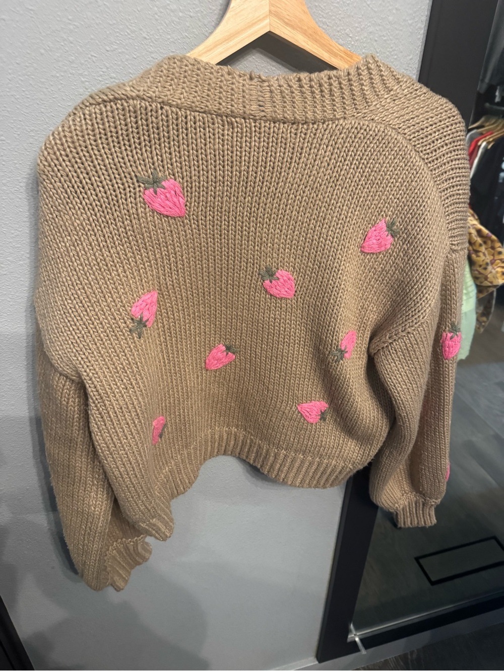 Forever 21 Chunky Tan Cardigan Sweater with Cute Pink Strawberry Embroidery 🍓 - Picture 11 of 14